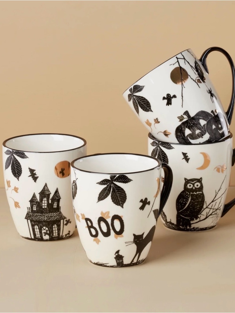 Two 4 Me Two 4 U ** New Lenox Haunted Halloween CAT and PUMPKINS Ceramic Mugs